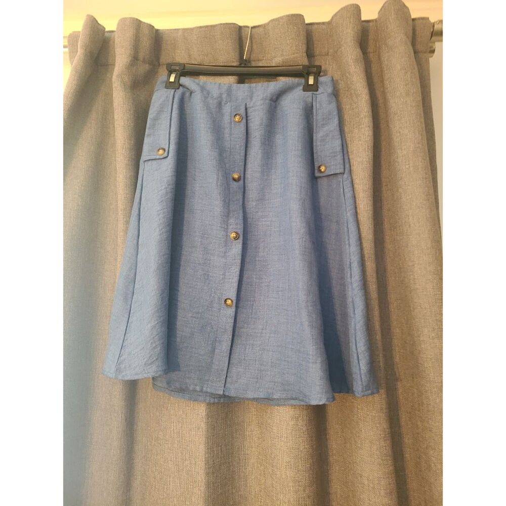 Vintage-Style Blue Button Front Lightweight A-Line Skirt